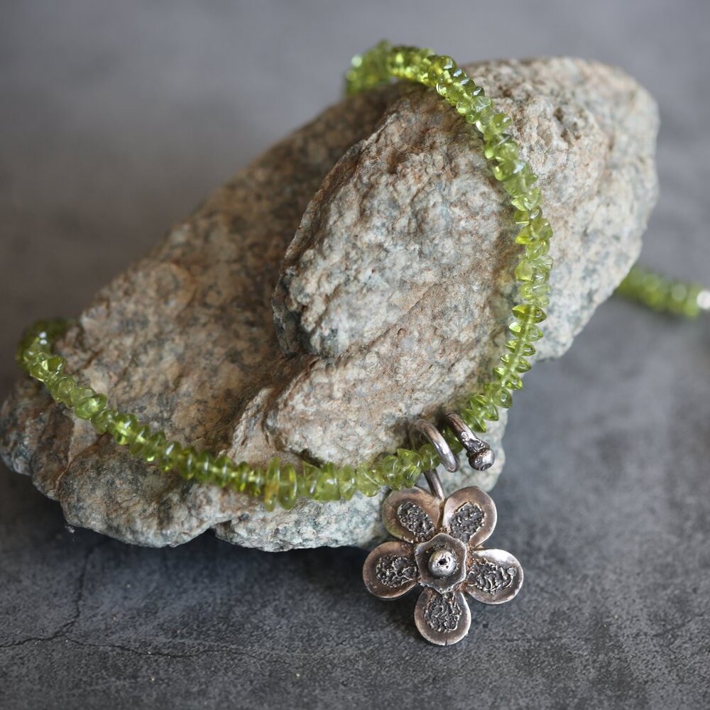 Periodot and Fine Silver Flower Necklace by Monene